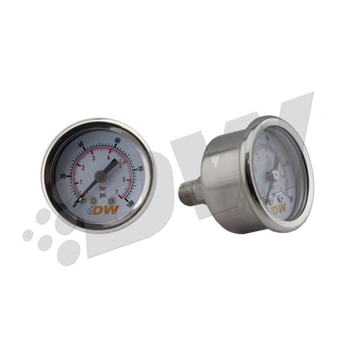 Deatsch Werks Mechanical fuel pressure gauge. 1/8 NPT. 0-100 psi. 1.5 in. diameter. White face