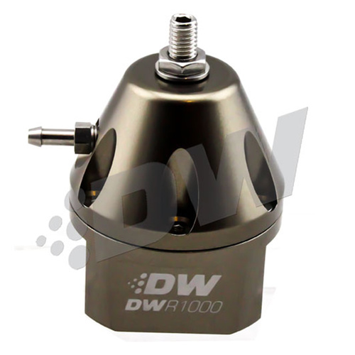 Deatsch Werks DWR1000 adjustable fuel pressure regulator, anodized titanium. Dual -8AN inlet and -6AN outlet. Universal fitment