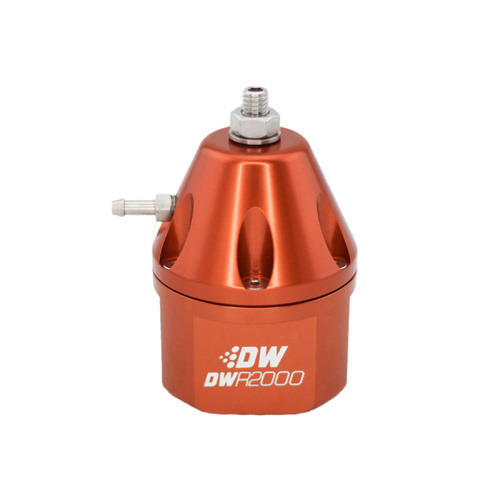 Deatsch Werks DWR2000 adjustable fuel pressure regulator, anodized orange. Dual -10AN inlet and -8AN outlet. Universal fitment