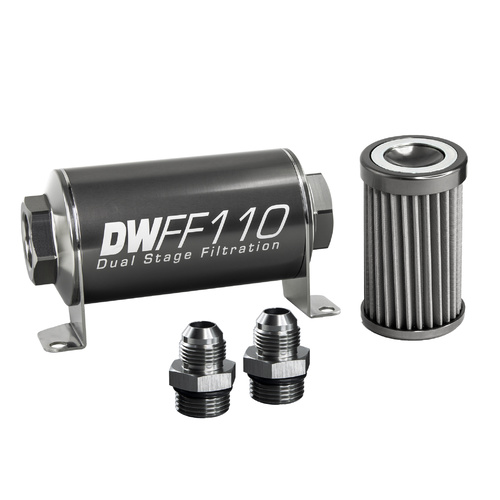 Deatsch Werks In-line fuel filter element and housing kit, stainless steel 40 micron, -8AN, 110mm. Universal