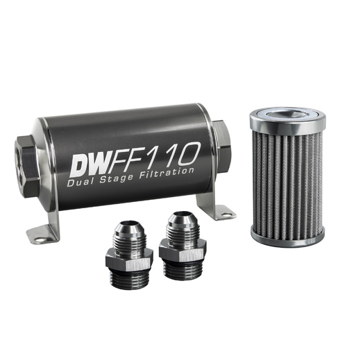 Deatsch Werks In-line fuel filter element and housing kit, stainless steel 100 micron, -8AN, 110mm. Universal