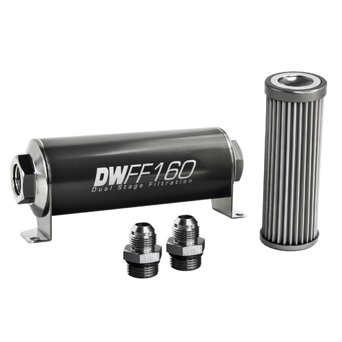 Deatsch Werks In-line fuel filter element and housing kit, stainless steel 40 micron, -8AN, 160mm. Universal