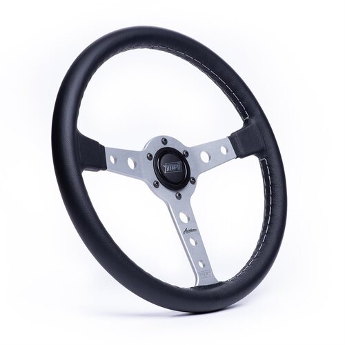 Detroit Speed Steering Wheel, MPI Autodromo 70 Series, Black Leather Silver Center w/ Horn, Each