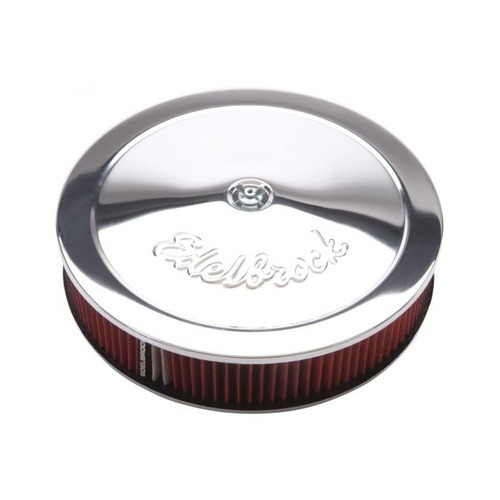 Edelbrock Air Cleaner, Pro-Flo Series, Round, Dropped Base, Chrome Steel Top, Logo, 14 in. Diameter, Each