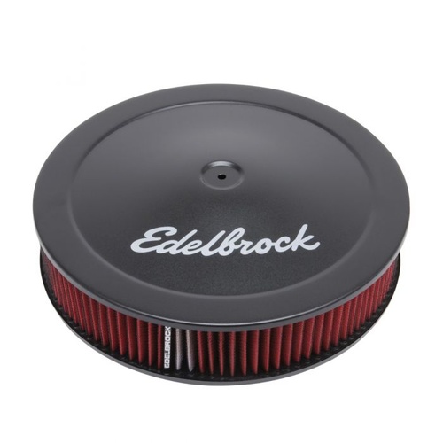 Edelbrock Air Cleaner, Pro-Flo Series, Round, Dropped Base, Black Steel Top, Logo, 14 in. Diameter, Each