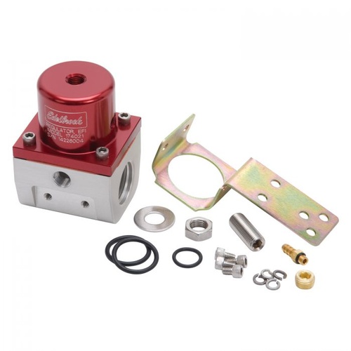Edelbrock Fuel Pressure Regulator, Return, Inline, 35-90 psi, Aluminium, Red Anodized, Mounting Bracket, Kit