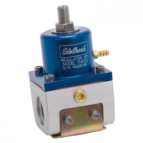 Edelbrock Fuel Pressure Regulator, Return, Inline, 35-90 psi, Aluminium, Blue Anodized, Mounting Bracket, Kit