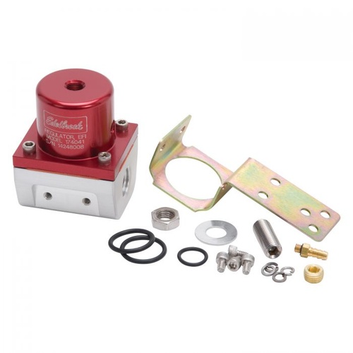 Edelbrock Fuel Pressure Regulator, Return, Inline, 35-90 psi, Aluminium, Red Anodized, Mounting Bracket, Kit