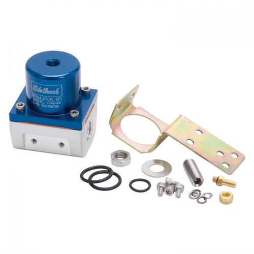 Edelbrock Fuel Pressure Regulator, Return, Inline, 35-90 psi, Aluminium, Blue Anodized, Mounting Bracket, Kit