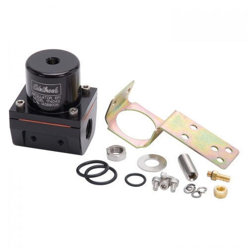 Edelbrock Fuel Pressure Regulator, Return, Inline, 35-90 psi, Aluminium, Black Anodized, Mounting Bracket, Kit