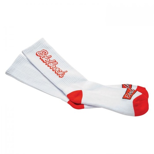 Edelbrock Socks, Script Logo, White/Red, Cotton, Men's 7-11, Pair