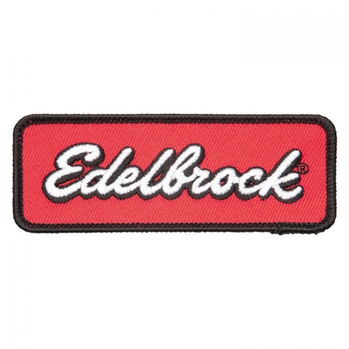 Edelbrock Patch, Iron-on or Sew-on, Red Background, Black Trim, Logo, 1.50 in. Width, 4.00 in. Length, Each
