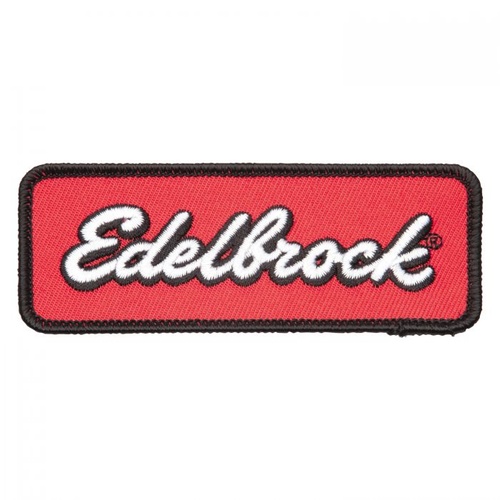 Edelbrock Patch, Iron-on or Sew-on, Red Background, Black Trim, Logo, 1.50 in. Width, 4.00 in. Length, Each
