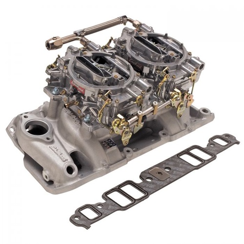 Edelbrock Carburetor and Manifold Combo, Performer RPM Air-Gap Dual Quad Manifold, 500 cfm AVS2 Carbs, For Chevrolet, Small Block, Kit