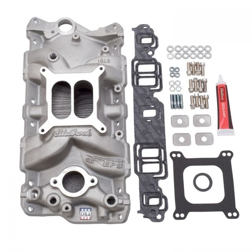 Edelbrock Intake Manifold, Performer EPS, Dual Plane, Aluminium, Natural, Square Bore, Bolts, For Chevrolet, Small Block, Kit