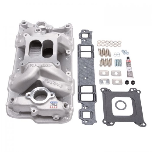 Edelbrock Intake Manifold, Performer RPM Air-Gap, Aluminium, Natural, Square Bore, Bolts, For Chevrolet, Small Block, Kit