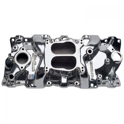 Edelbrock Intake Manifold, Performer, Dual Plane, Aluminium, Polished, Square/Spread Bore Flange, For Chevrolet, Small Block, Each