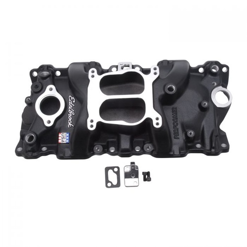 Edelbrock Intake Manifold, Performer, Dual Plane, Aluminium, Black, Square/Spread Bore, For Chevrolet, 5.0, 5.7L, Each