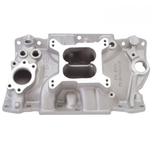 Edelbrock Intake Manifold, Performer, Dual Plane, Aluminium, Natural, 4-Barrel, Square Bore Flange, For Chevrolet, V6, Each