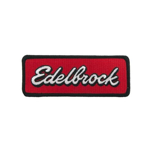 Edelbrock Patch, Iron-on or Sew-on, Red Background, Black Trim, Logo, 1.75 in. Width, 4.50 in. Length, Each