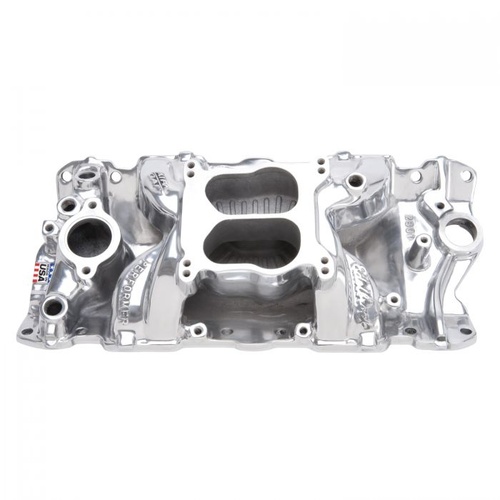 Edelbrock Intake Manifold, Performer Air-Gap, Dual Plane, Aluminium, Polished, Square/Spread Bore, For Chevrolet, Small Block, Each