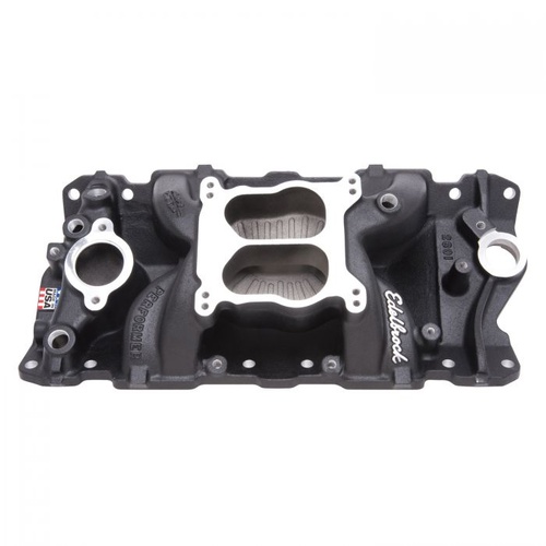 Edelbrock Intake Manifold, Performer Air-Gap, Dual Plane, Aluminium, Black, Square/Spread Bore, For Chevrolet, Small Block, Each