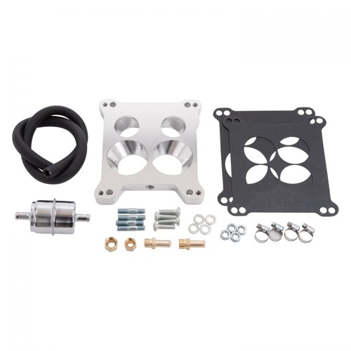 Edelbrock Carburetor Adapter, 4-Hole, Square Bore Carb To Spread Bore Manifold, .850 in. Thick, Fuel Hose, Clamps, Kit