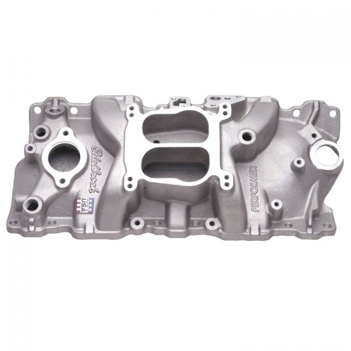 Edelbrock Intake Manifold, Performer, Dual Plane, Aluminium, Natural, Square/Spread Bore, For Chevrolet, Small Block, Each