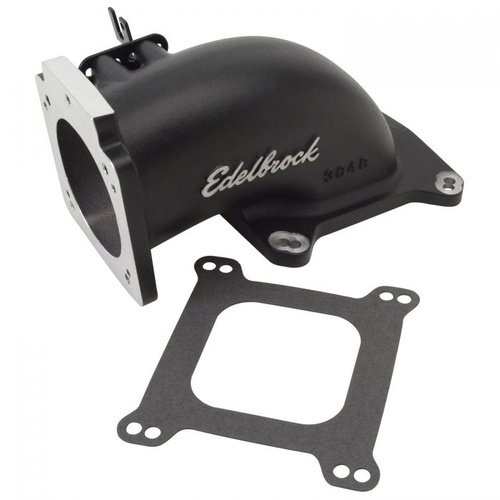 Edelbrock Throttle Body Elbow, Low Profile, Aluminium, Black, 90mm Throttle Body to Square-Bore Flange, For Ford, GM, Each