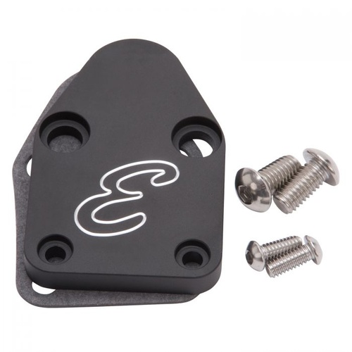 Edelbrock Fuel Pump Block-Off Plate, SBC, Billet Aluminium, Black Anodized, For Chevrolet, Each
