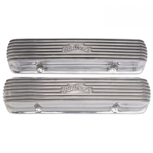 Edelbrock Valve Covers, Classic Series, Stock Height, Aluminium, Polished, Powdercoated, Logo, For Pontiac V8, Pair