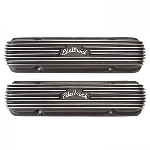 Edelbrock Valve Covers, Classic Series, Stock Height, Aluminium, Black Powdercoated, Logo, For Pontiac V8, Pair