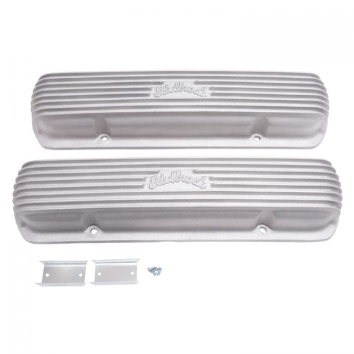 Edelbrock Valve Covers, Classic, Low-profile, Cast Aluminium, Natural, Ribbed Top with Logo, For Pontiac, V8, Pair