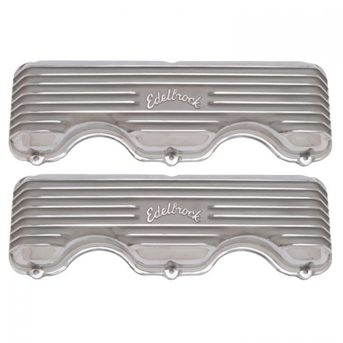 Edelbrock Valve Covers, Classic Series, Stock Height, Cast Aluminium, Polished, Logo, For Chevrolet, Big Block W, Pair
