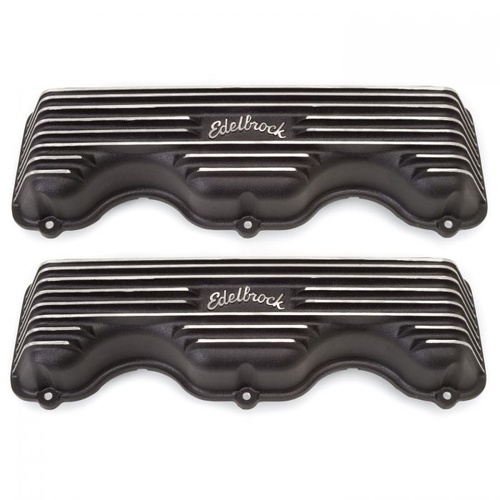 Edelbrock Valve Covers, Classic Series, Stock Height, Cast Aluminium, Black, Logo, For Chevrolet, Big Block W, Pair