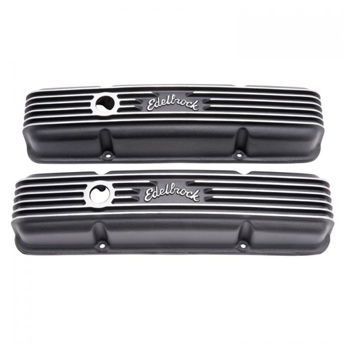 Edelbrock Valve Covers, Classic Series, Cast Aluminium, Black, Logo, For Chevrolet, Small Block, Pair