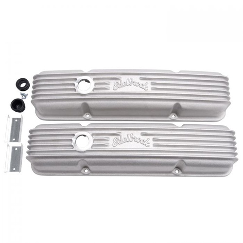 Edelbrock Valve Covers, Stock Height, Cast Aluminium, Natural, Ribbed Top with Logo, For Chevrolet, Small Block, Pair