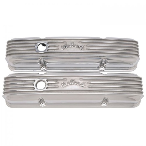 Edelbrock Valve Covers, Classic Series, Cast Aluminium, Polished, Logo, For Chevrolet, Small Block, Pair