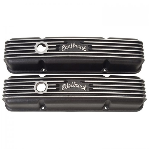 Edelbrock Valve Covers, Classic Series, Stock Height, Cast Aluminium, Black, Logo, For Chevrolet, Small Block, Pair