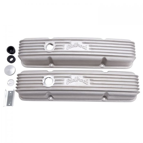 Edelbrock Valve Covers, Classic Series, Cast Aluminium, Satin, Logo, For Chevrolet, Small Block, Pair