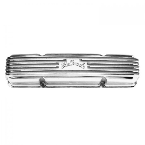 Edelbrock Valve Covers, Classic, Stock Height, Aluminium, Polished, Finned, Logo, Small Block For Chevrolet, Pair