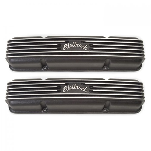 Edelbrock Valve Covers, Classic Series, Stock Height, Aluminium, Black, Finned, Logo, For Chevrolet, Small Block, Pair