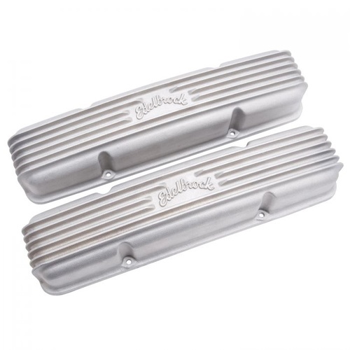 Edelbrock Valve Covers, Classic, Stock Height, Aluminium, Satin, Finned, Logo, Small Block For Chevrolet, Pair