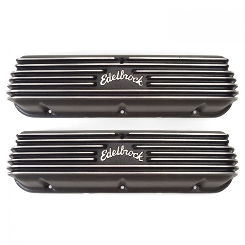 Edelbrock Valve Covers, Classic, Cast Aluminium, Black, Ribbed Top with Logo, For Ford, Small Block Windsor, Pair
