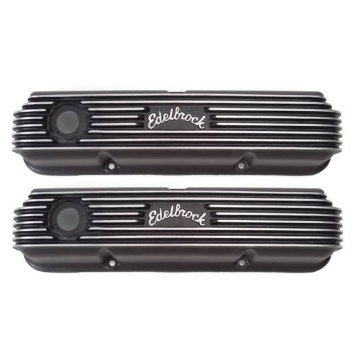Edelbrock Valve Covers, Classic Series, Tall Profile, Cast Aluminium, Black, Finned, Logo, For Ford, FE V8, Pair