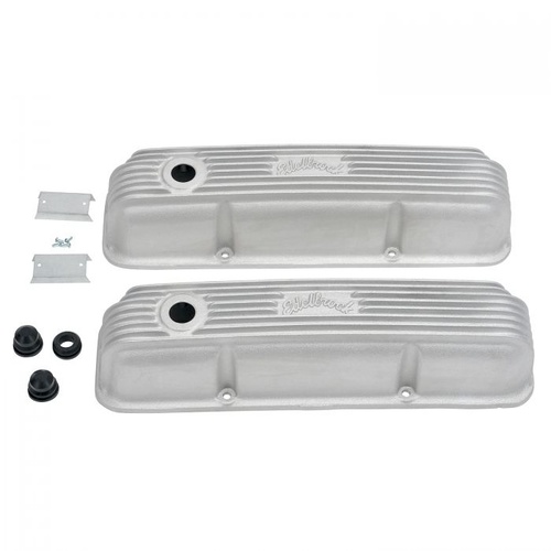 Edelbrock Valve Covers, Classic, Tall, Cast Aluminium, Natural, Ribbed Top with Logo, For Ford, Big Block FE, Pair