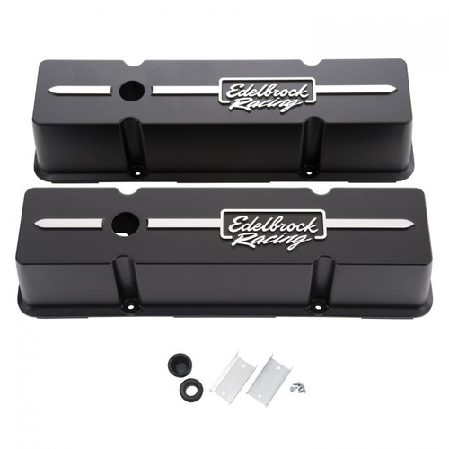 Edelbrock Valve Covers, Die-Cast Aluminium, Tall, Black Powdercoated, Racing Logo, For Chevrolet, Small Block, Pair