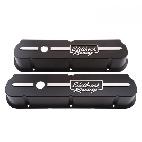 Edelbrock Valve Covers, Die-Cast Aluminium, Tall, Black Powdercoated, Racing Logo, For Ford, 289, 302, 351W, Pair
