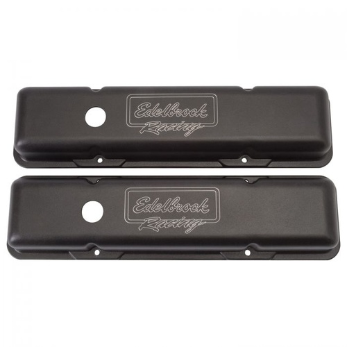 Edelbrock Valve Covers, Victor Series, Stock Height, Aluminium, Black, Racing Logo, For Chevrolet, Small Block, Pair