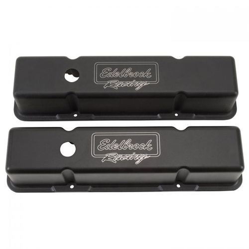 Edelbrock Valve Covers, Victor Series, Tall, Aluminium, Black Powdercoat, Racing Logo, For Chevrolet, Small Block, Pair